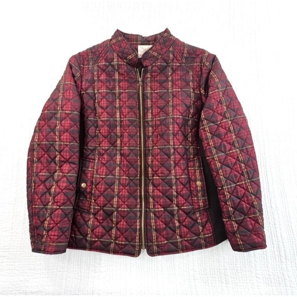 Women's Full Zip‎ Puffer Jacket 3X (22W-24W) Maroon Plaid EUC Snap Pockets LS